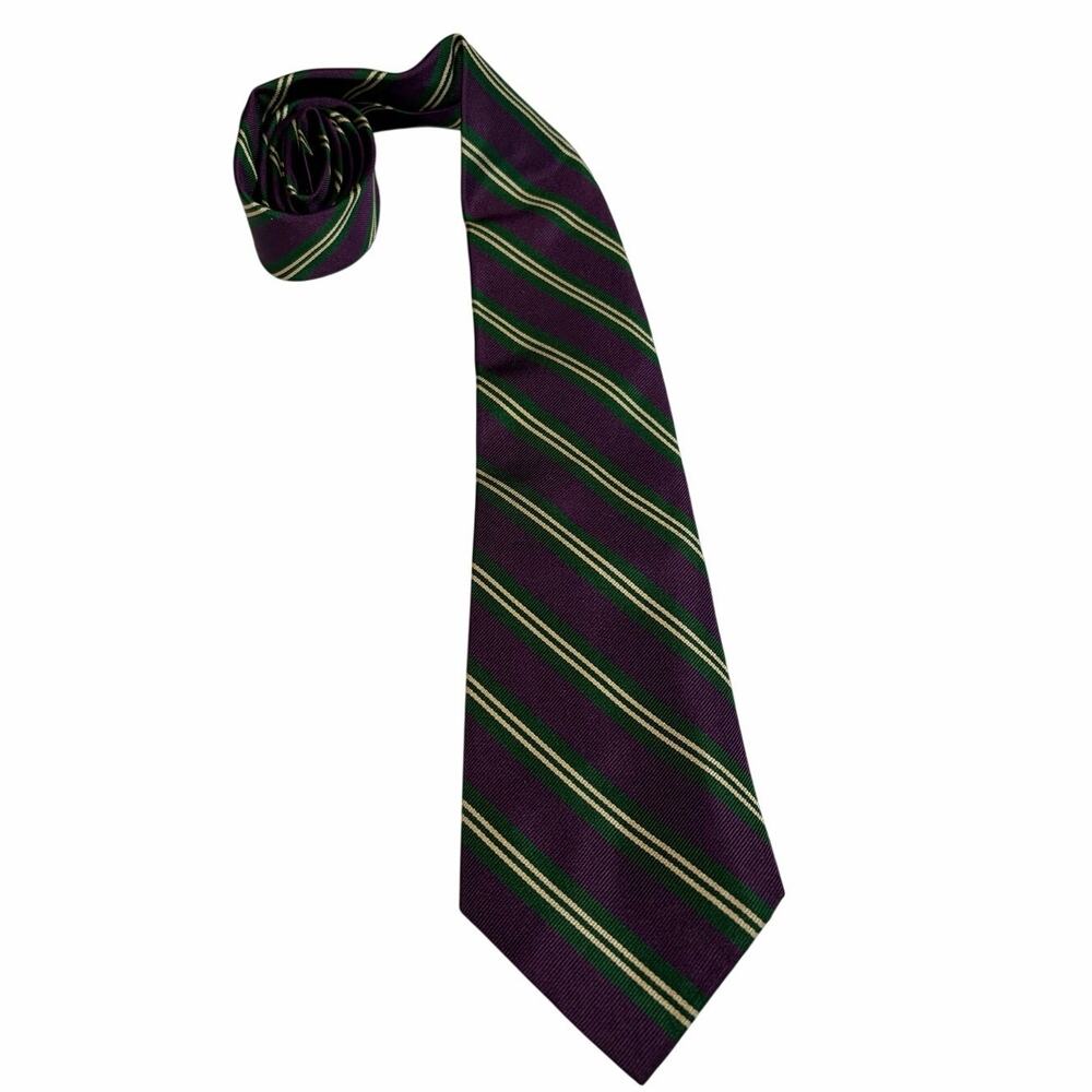 VTG Ralph Lauren 100% silk tie. Purple with green, cream stripes. career